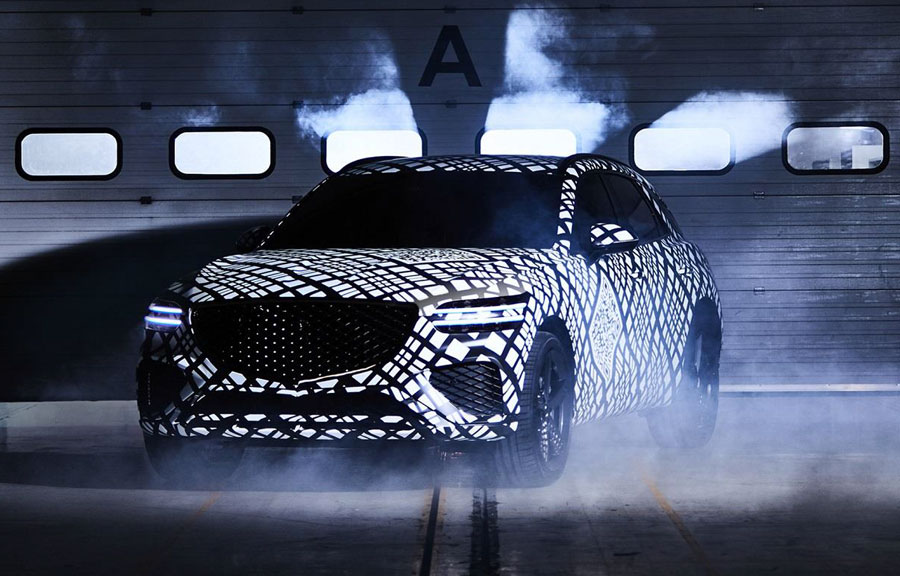 GV70 makes its first public debut in Korea. G-Matrix camouflage highlights distinctive brand design details. The camouflaged vehicle shown in the teaser photo previews the brand’s second SUV, a dynamic midsize that joins the GV80 in a rapidly expanding model lineup.