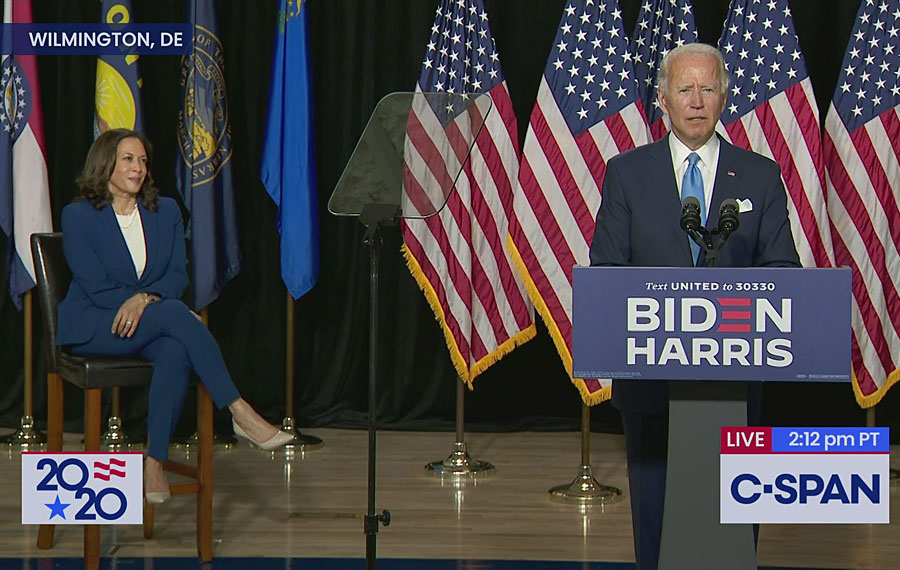 2020 Democratic presidential nominee Joe Biden formally introduced Senator Kamala Harris (D-CA) as his vice presidential running mate. August 12, 2020. Photo: C-SPAN.