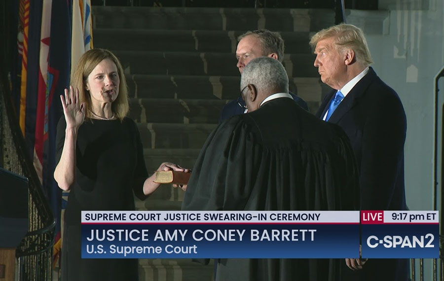 Supreme Court Justice Amy Coney Barrett being sworn in by Justice Clarence Thomas during a ceremonial swearing-in event on the South Lawn of the White House on Oct. 26. Photo credit: C-SPAN.