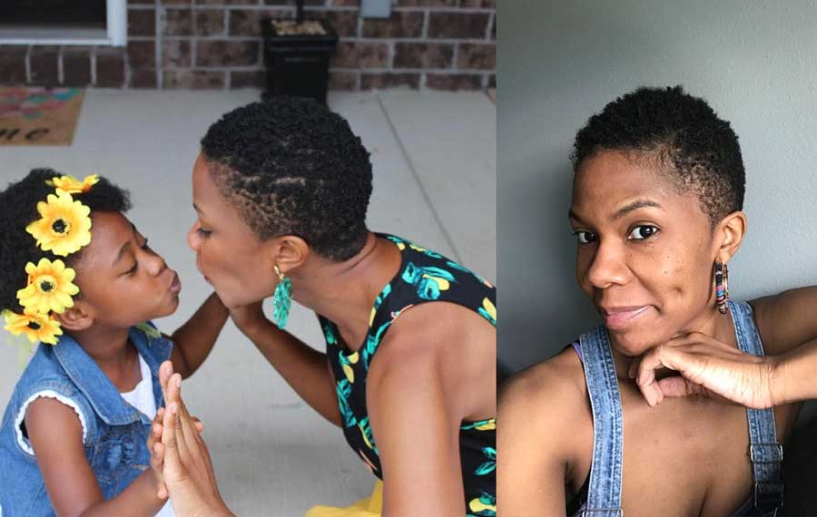 KHN [Kaiser Health News] Midwest correspondent Cara Anthony poses for a photo with her daughter on Aug. 29 (left), and shows off her buzz cut after a trip to the salon in June (right). Three months into the pandemic, Anthony said goodbye to chemically straightened hair, which led to many conversations with her daughter about what it means to go natural. Photo credit: Anthony family, Cara Anthony.