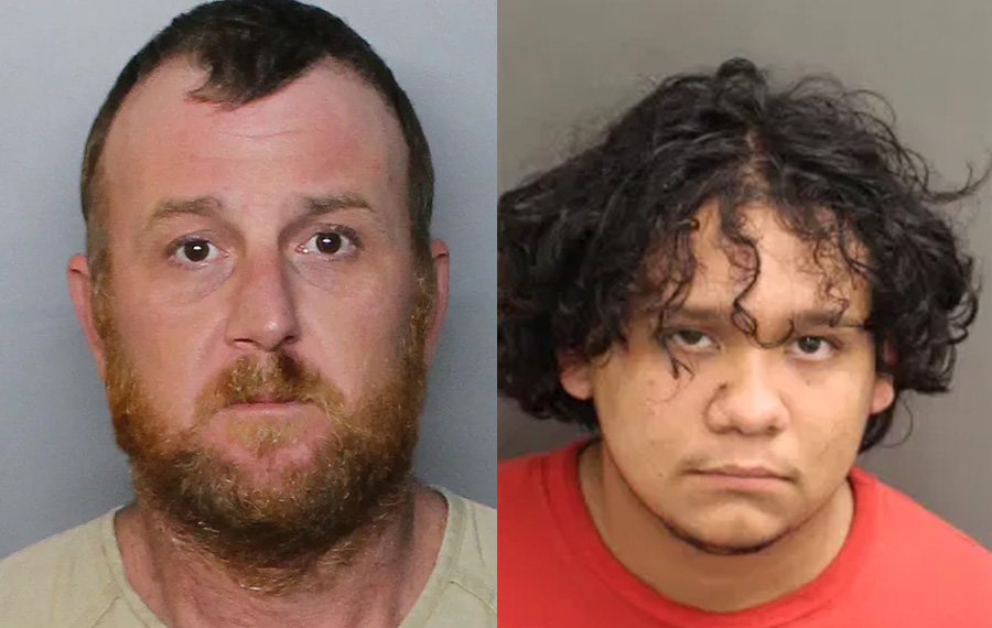 Bruce Layendecker, 36, left, was arrested on six charges including burglary, larceny and petit theft in the second degree, possession of firearm ammunition or weapon by a Florida convicted felon, marijuana possession, and possession of drug paraphernalia. Andres Santiago, 18, was charged with four counts of vehicle burglary, three counts of grand theft auto and petite theft.