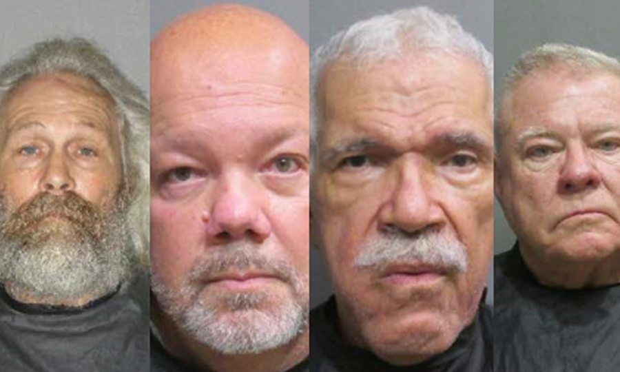 During an undercover operation on Tuesday, November 3, (from left to right) Harold White, 61, John Gauci Jr., 56, John Wesley Troxler, 72 and Thomas Ambrose Deakins, 74, were all arrested and charged with Exposure of Sexual Organs. 