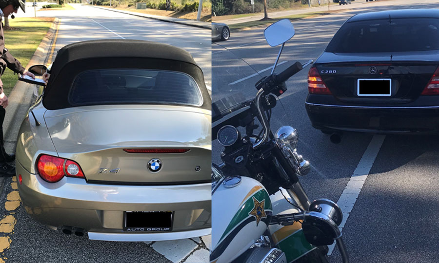 At 2:25 p.m., FCSO Deputy Nunziato observed two vehicles racing southbound on Belle Terre from Matanzas Woods Parkway. Both vehicles were traveling between 75 to 80 mph before encountering other traffic at which time they tried to maneuver around the traffic.