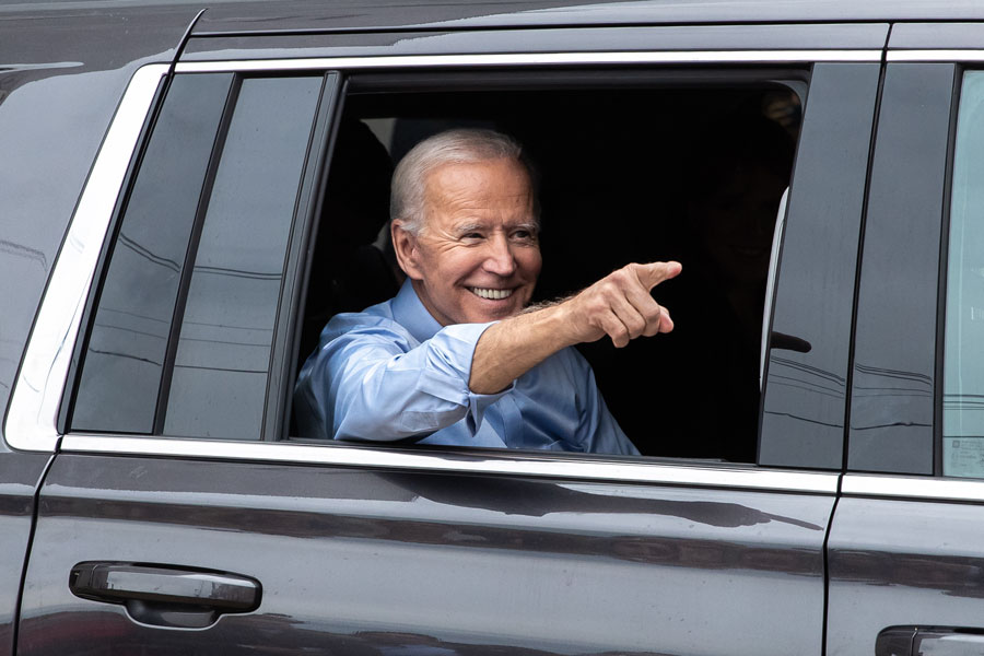 Then former Vice President Joe Biden points to the crowd outside of his first 2020 presidential campaign stop in Pittsburgh, Pennsylvania. April 29, 2019.