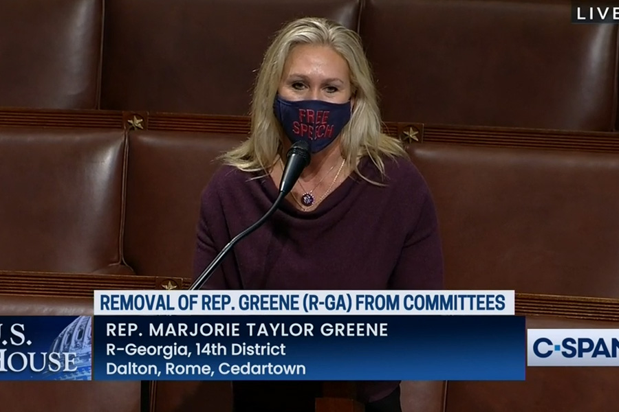 All House Democrats – and 11 Republicans – voted 230-199 to strip Rep. Marjorie Taylor Greene (R-GA) of her positions on the education and budget committees, thus taking away her ability to help shape policy, as most bills go through a committee before they ever reach Congress. Photo credit: C-SPAN.