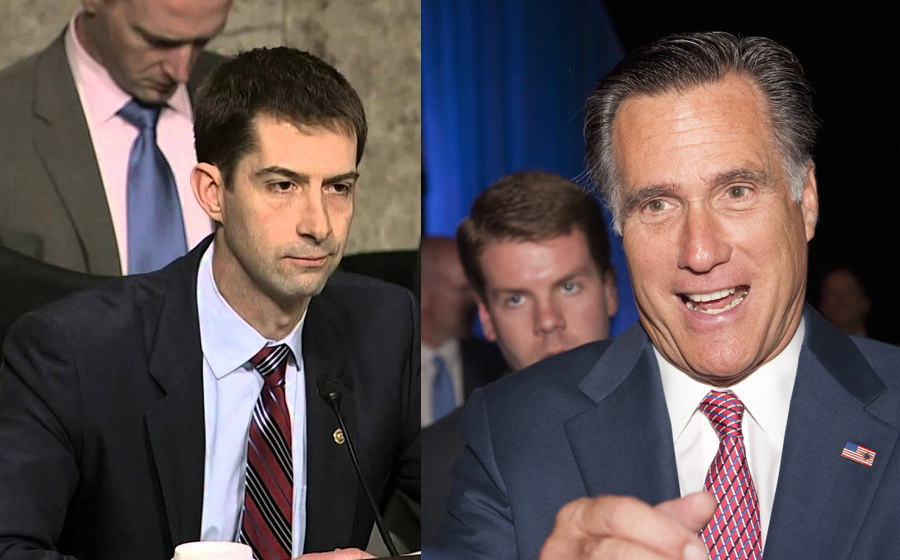 Tom Cotton (R-AR) and Senators Mitt Romney (R-UT) have announced a separate bill that would not only increase minimum wage, but contain extra provisions barring employers from hiring illegal immigrant workers as well, reports say. C-SPAN (left) /Joseph Sohm (right)/ Shutterstock.com, licensed.