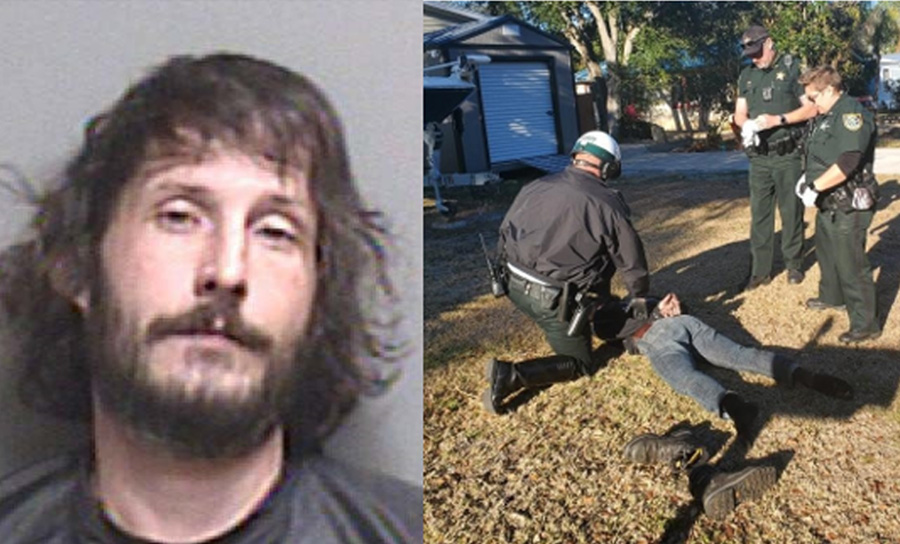 Left: Callahan’s booking photo. Right: Deputies taking Callahan into custody.