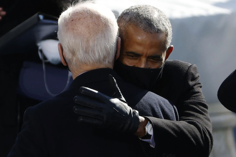 U.S. President Joe Biden with former U.S President Barack Obama during Biden's inauguration as president of the United States on the West Front of the U.S. Capitol in Washington,D.C., Jan. 20, 2021. Editorial credit: mccv / Shutterstock.com, licensed.