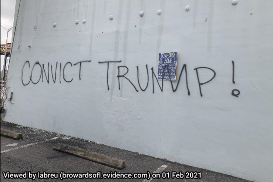 An employee arrived at the business and observed the outer walls with the words “NAZI” and “CONVICT TRUMP” written in black spray paint. In addition to the words, the employee also observed the symbol of a swastika spray painted in black as well on the wall.