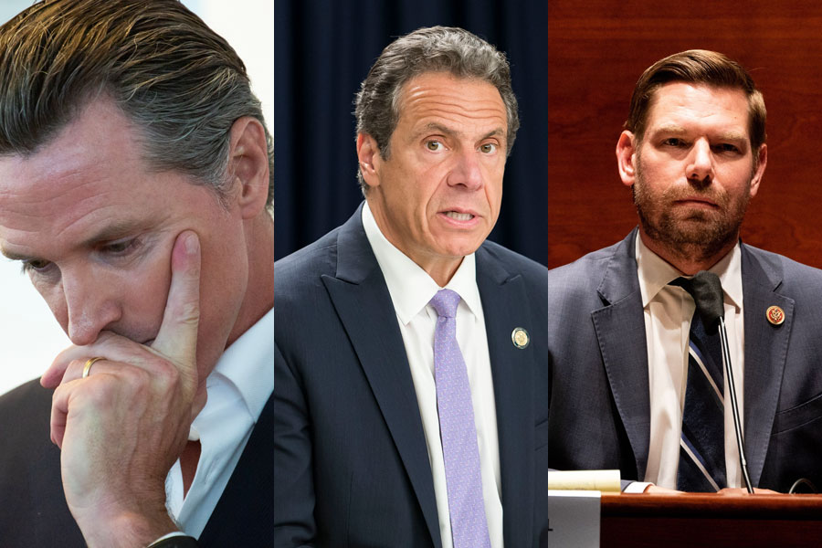 Governor Cuomo may soon face a jury of his underlings for the deaths of thousands, California's top honcho, Governor Newsom, is on the brink of a citizen recall for his disgraceful ineptitude, Congressman Eric Swalwell, has been outed for sleeping with a Chinese spy. Editorial credits (L to R): Matt Gush, David McGlynn, John Smith Williams, ShutterStock.com, licensed.