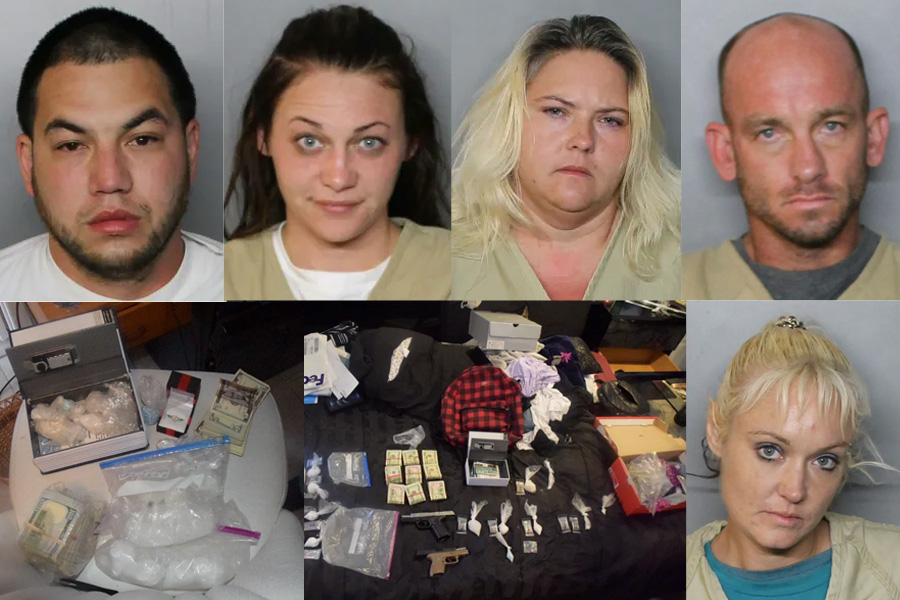 On the morning of February 4th, 2021, a Narcotics search warrant was executed at 2369 Starlite Lane in Port Charlotte. From left to right were arrested: Clayton M. Waidelich, 31 (top left), Nicole Elizabeth Williams, 26, (top left center) Jessica N. Whaley, 36, (top right center) Murray Holloway, 40 (top right), Sabrina Fisher, 36, (bottom right).