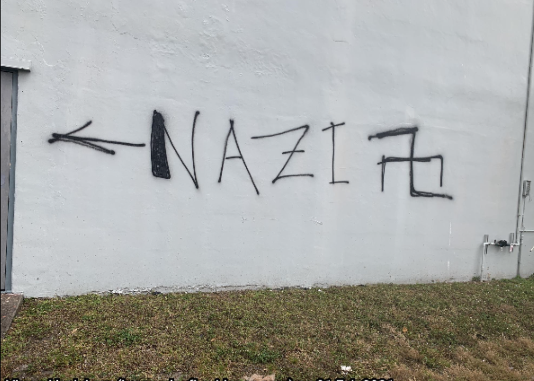 An employee arrived at the business and observed the outer walls with the words “NAZI” and “CONVICT TRUMP” written in black spray paint. In addition to the words, the employee also observed the symbol of a swastika spray painted in black as well on the wall.