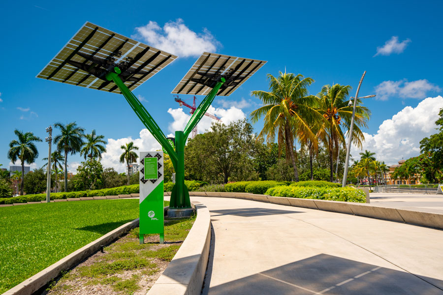 A FPL Florida Power and Light solar tree at Young Circle Arts Park in Hollywood Florida. August 8, 2020. Editorial credit: Felix Mizioznikov / Shutterstock.com, licensed.