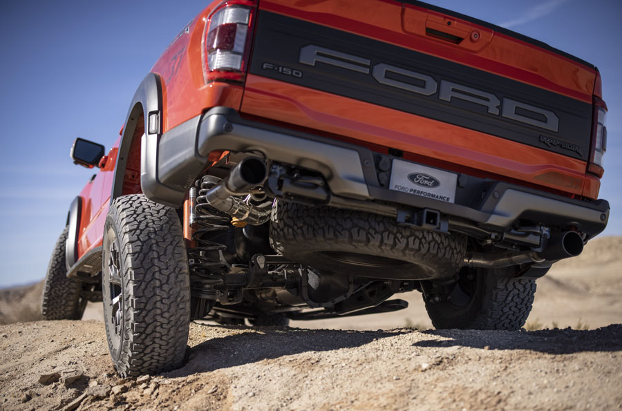 Tackle tougher terrain: Fully redesigned F-150 Raptor boosts its off-road capability with all- new five-link rear suspension featuring improved wheel travel, electronically controlled next- generation FOX™ shocks with Live Valve™ technology, plus first-in-class* available 37-inch tires to tackle tougher terrain on high-speed desert runs