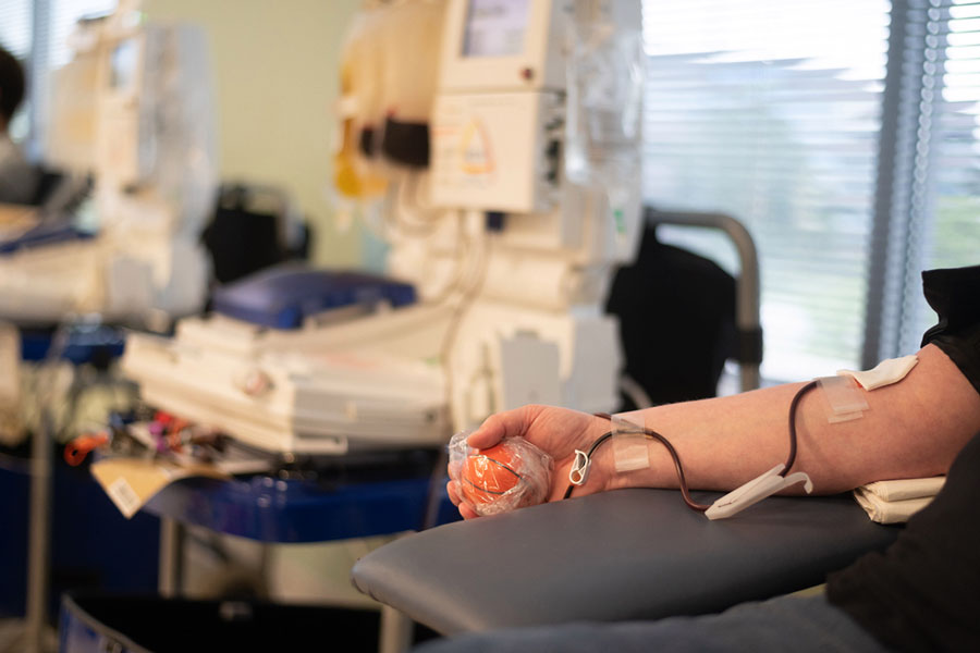 A patient recovered from covid-19 donated convalescent blood plasma in September at an Earth City, Missouri, site run by the Mississippi Valley Regional Blood Center. More than 500,000 units of the antibody-rich plasma have been collected in the U.S. in an experimental effort to boost immunity in newly infected covid patients.