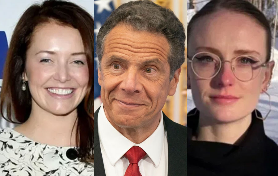  36-year-old former aide Lindsey Boylan (left) said Cuomo allegedly acted 'unprofessional' with her female collages from she worked for him from 2015 to 2018 (Photo, The Sun). Governor Andrew Cuomo (center) Editorial credit: Lev Radin / Shutterstock.com, licensed. Charlotte Bennett has accused Cuomo of sexual harassment, saying he asked her questions about her sex life and whether she would consider having sex with an older man. (Photo, The Sun)