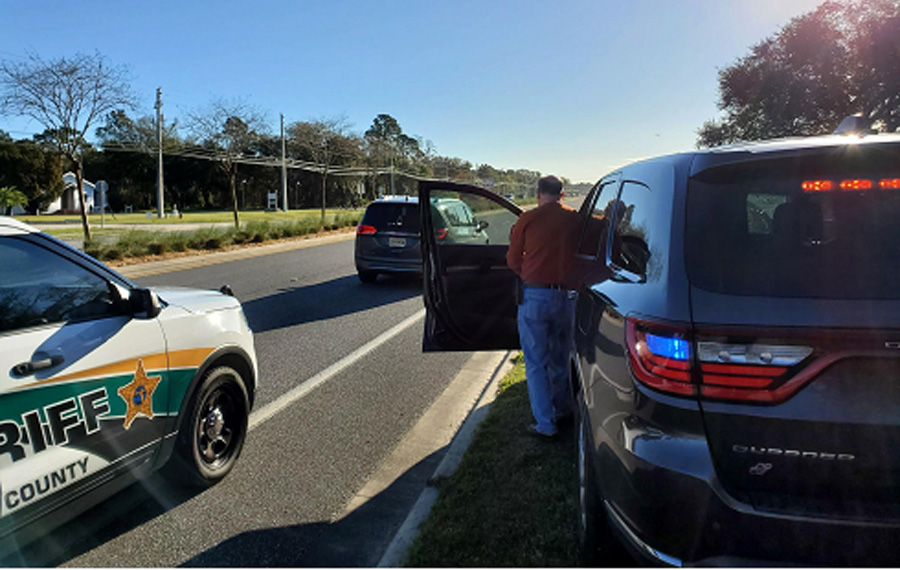 Sheriff Rick Staly, who had just finished a traffic stop on a speeding vehicle, was nearby and quickly spotted the 2020 Chrysler Pacifica Minivan traveling northbound on US Highway 1 crossing Belle Terre Parkway.