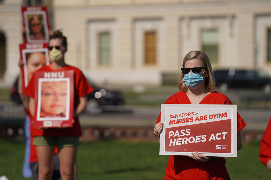 National Nurses United demonstration at the U.S. Capitol Senate building in support of the HEROES Act to provide PPE for nurses in their fight against COVID-19. File photo credit: Phil Pasquini, Shutterstock.com, licensed.