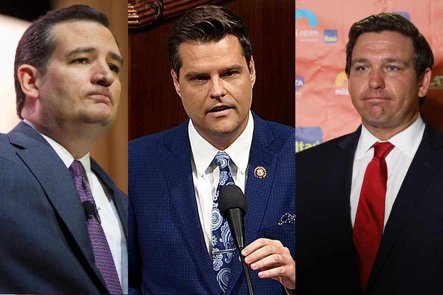 Senator of Texas, Ted Cruz, (Photo credit: Christopher Halloran, Shutterstock.com) Florida Rep. Matt Gaetz (Photo credit: C-SPAN) and Florida Governor Ron DeSantis (Photo credit: Leonard Zhukovsky, Shutterstock.com)