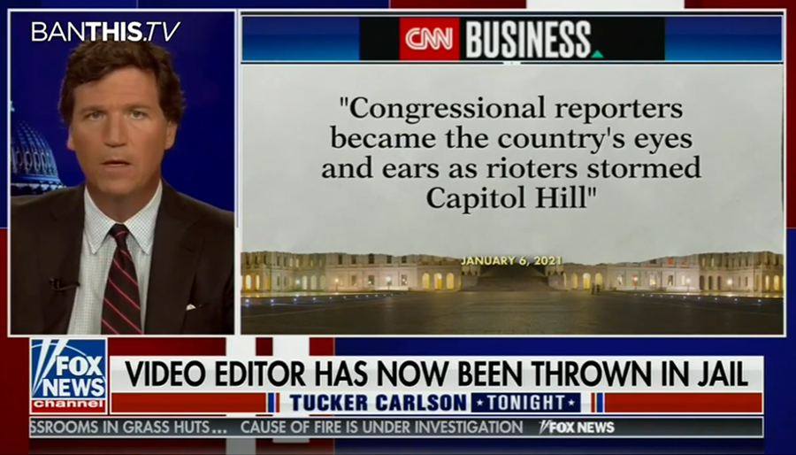 Fox News's Tucker Carlson looks at the arrest of journalist Samuel Christopher Montoya at his home in San Marcos, Texas on April 13.