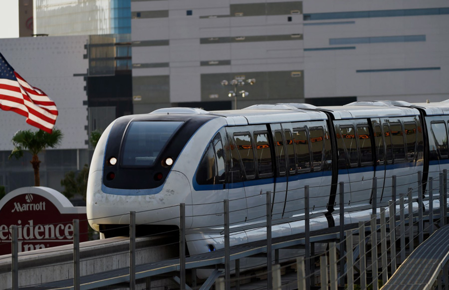 The 3.9-mile elevated system along the Las Vegas Strip enables passengers to travel the length of the resort corridor in less than 15 minutes, at speeds of up to 50 miles per hour. Trains will continue to arrive every 4-8 minutes at each of the seven stations