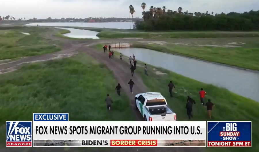 Fox News drone crew captures large group of migrants rushing southern border. Photo credit: Fox News.