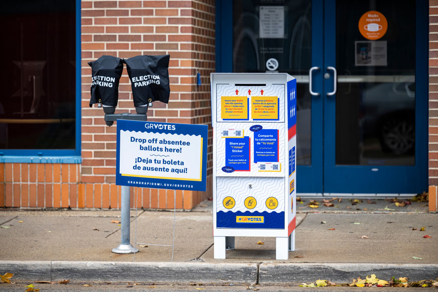 One of several drive-up drop boxes for absentee ballots set up around the city ahead of the the November 3 election. Grand Rapids, Michigan, November 1, 2020. File photo: M A Haykal, Shutterstock.com, licensed.