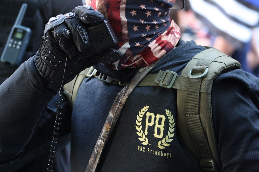 Conservative people from the far right movement, Proud Boys, and Boogaloo join for a "Back the Blue" rally wearing the American flag. File photo: Robert P. Alvarez, Shutterstock.com, licensed.