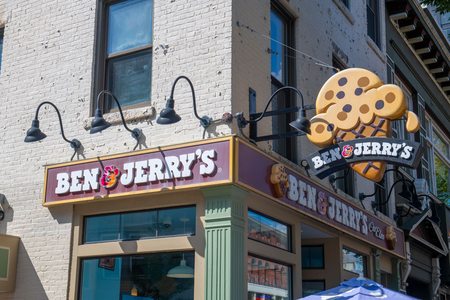 Ben & Jerry's ice cream shop on 940 Elm Street at Stark Street in downtown Manchester, New Hampshire NH