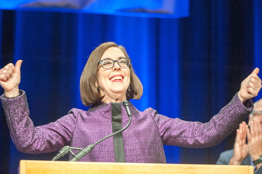 Democratic Governor of Oregon, Kate Brown, as she gave her victory speech at the Convention Center for the Democratic Party election night head quarters in Portland, OR. November 8, 2016. 