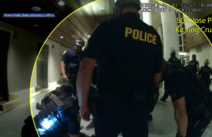 Five Miami Beach police officers have been charged with first degree battery for allegedly using excessive force during arrests at a Miami Beach hotel. The rough arrests were caught on surveillance video which was released Monday by the State Attorney's Office.