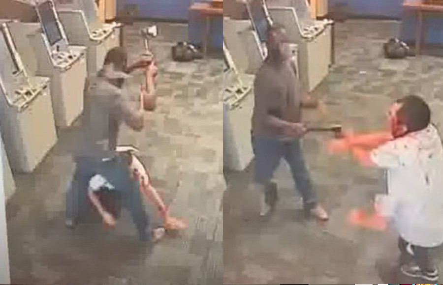 The victim attempts to defend himself against the hatchet-wielding maniac, but is nonetheless struck multiple times and is soon covered in blood. 