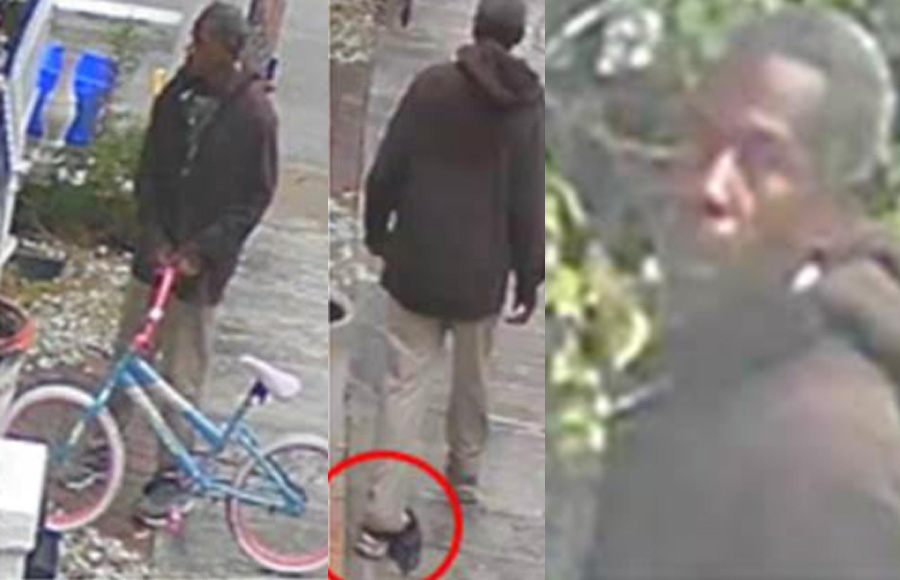 According to authorities, the unknown suspect walked on to the victims fenced property, stole a red mountain bicycle and left a huffy style bicycle behind. The suspect appeared to have short-cropped hair, a goatee or beard, and had a plastic bag wrapped around his left ankle. He was wearing a dark colored zippered hoodie and khaki pants. His tennis shoes appeared to be gray in color.