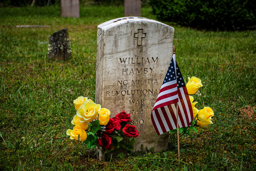 A headstone or gravestone in Cades Coves marking the grave of American Revolution Soldier William Hamby on Memorial day for honoring the military