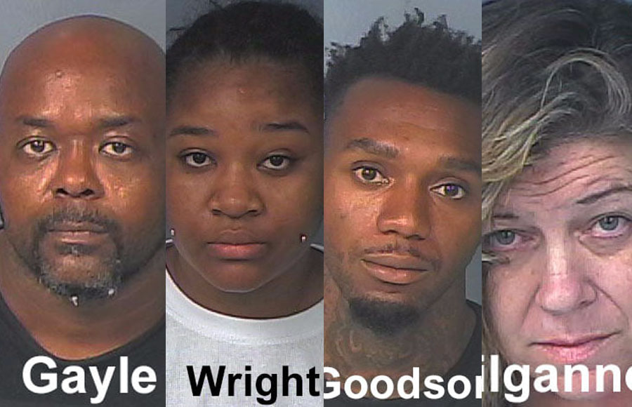 David Gayle, 45, Destiny Wright, 20, Deandre Goodson, 26, Eve Kilgannon, 47 were all arrested after numerous narcotics, weapons, and U.S. currency were located during search warrants in Brooksville.