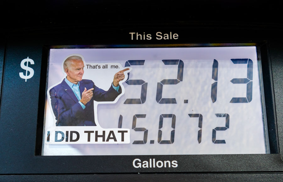 A gasoline pump sticker blaming U.S. President Biden and protesting inflation of prices at gas pumps.