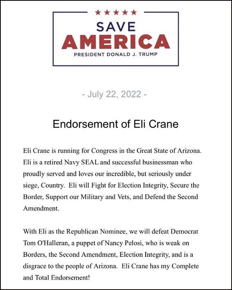 President Trump Endorses Eli Crane For Arizona's 2nd Congressional ...