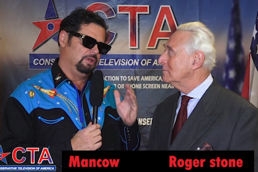 Shock jock Matthew Muller interviewing Roger Stone for Conservative Television of America in October, 2021.