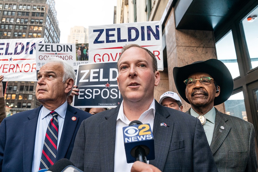 Congressman Lee Zeldin, candidate from Republican Party for the Governor on general election speaks to press before ride subway to debates with incumbent Kathy Hochul on October 25, 2022