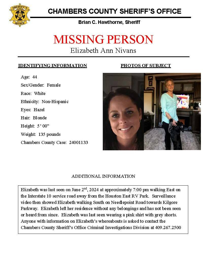 Elizabeth Ann Nivans last seen leaving Chambers County RV Park on June 2