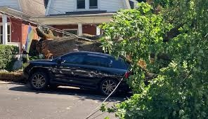 @KarenLopez – Taken 9:05 PM on Cedar Lane, SUV lodged against damaged wall